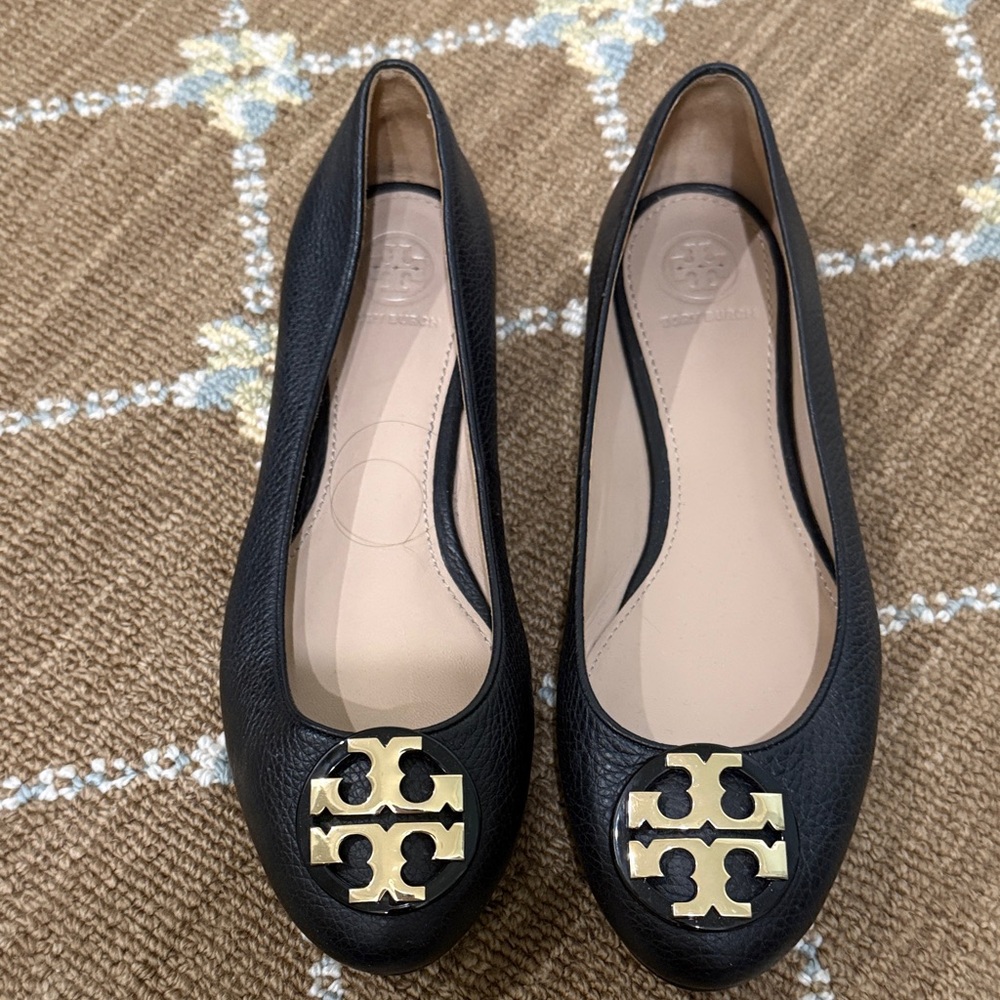 Tory Burch Black Leather Flats with Gold Logo